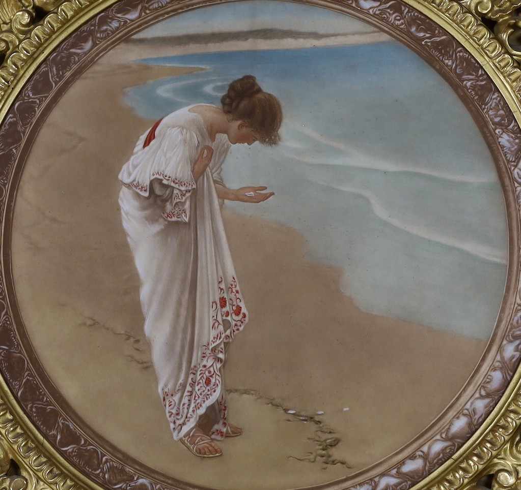 Manner of J.W. Waterhouse, a pair of colour mezzotints, Classical maiden picking flowers and On the seashore, tondo, 51cm, Florentine framed